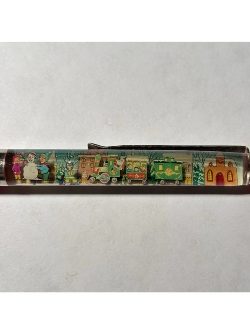 Merry Christmas Floaty Pen Santa Claus Train Moves Snowy Town Vintage Holiday